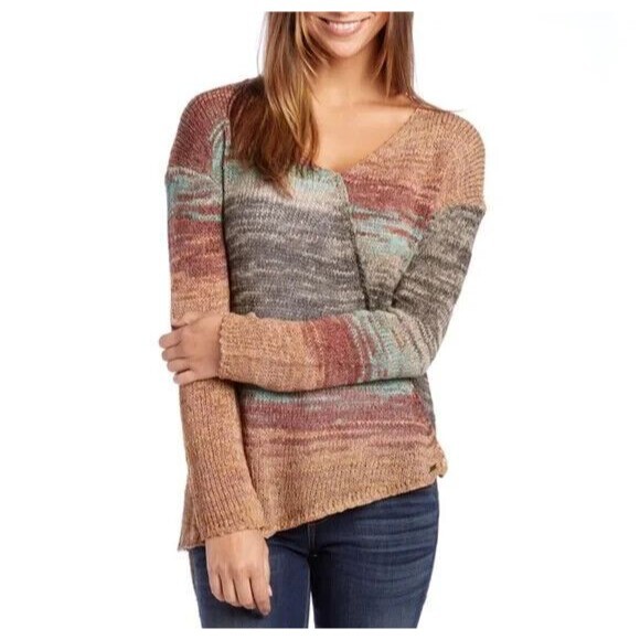 PrAna Pullover Sweater Womens Medium Knit Asymmetrical Vignette Wrap Brown - Picture 1 of 9